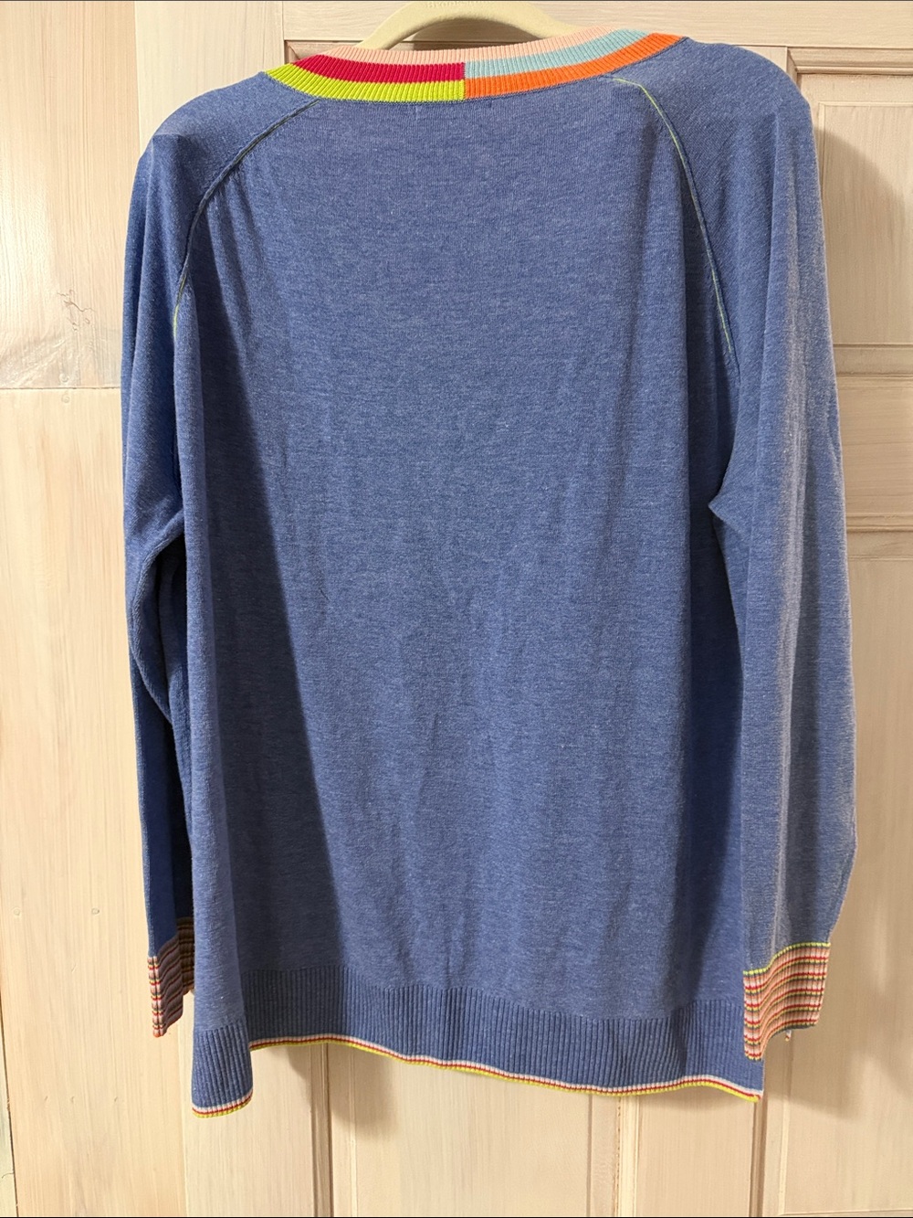Blue V-Neck Sweater with Rainbow Ribbed Trim - Picture 3 of 6
